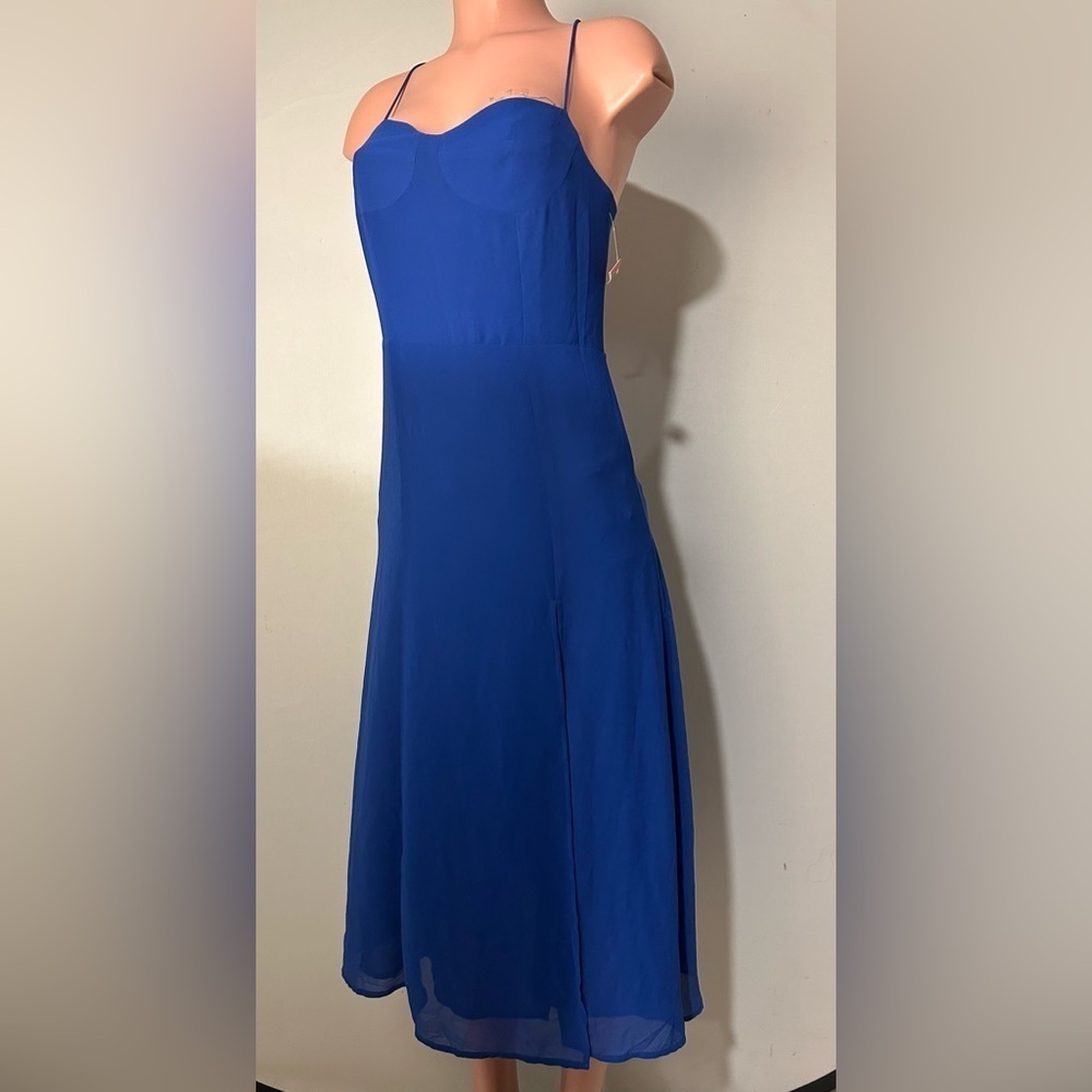 Aqua Corset Midi Dress Women's Lined Royal Blue Zip Self-Tie Strap~Sz M